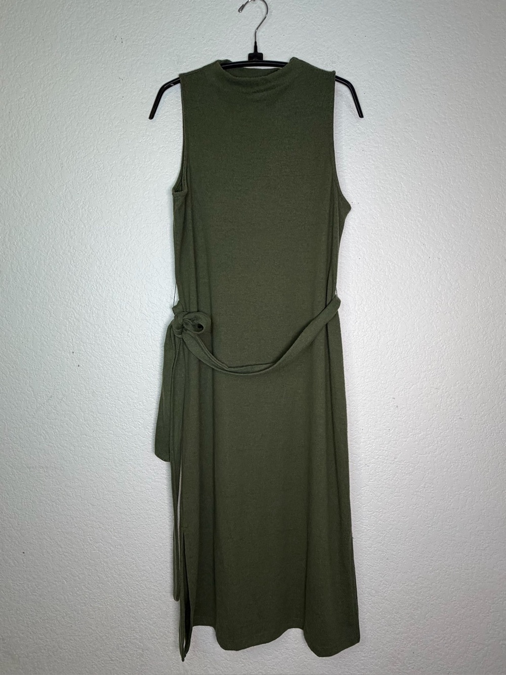 Time and Tru Olive Green Sleeveless Knit Midi Dress with Mock Neck & Tie, Size S
